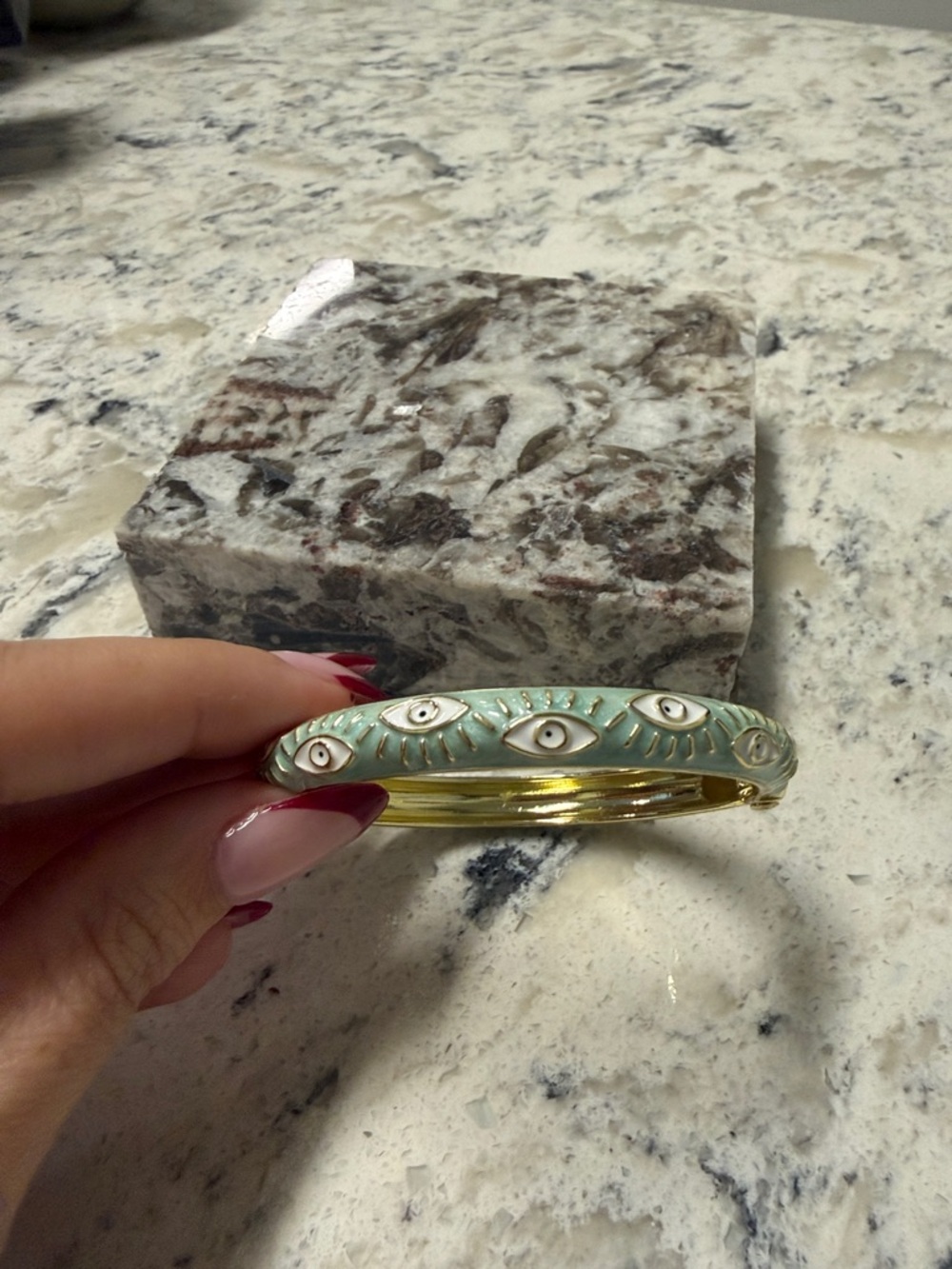 Gold-Tone Mint Enamel Bangle Bracelet with Eye Motif